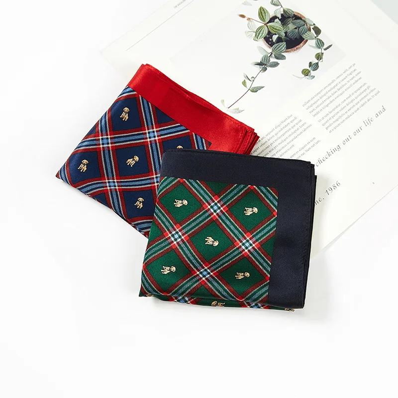 

53*53cm British Style Silk Small Square Scarf Female Plaid Puppy Print Flight Attendant Decorate Headband Wrap Shawl Fashion