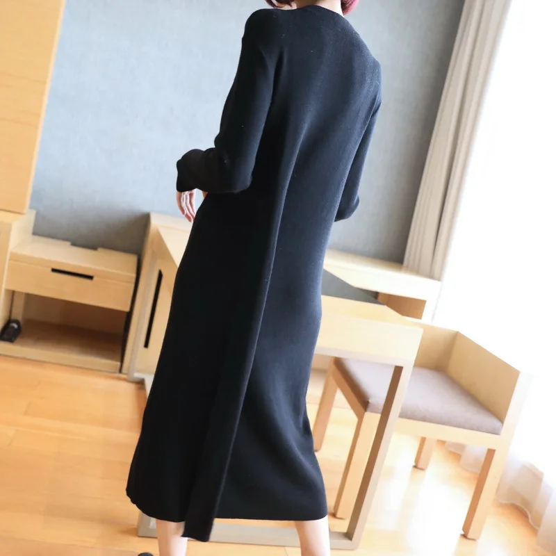 

TVVOVVIN Korean Style O-neck Long Sleeve Loose Women Knitted Dress Winter New Solid Color Split Mid-length Dress F103