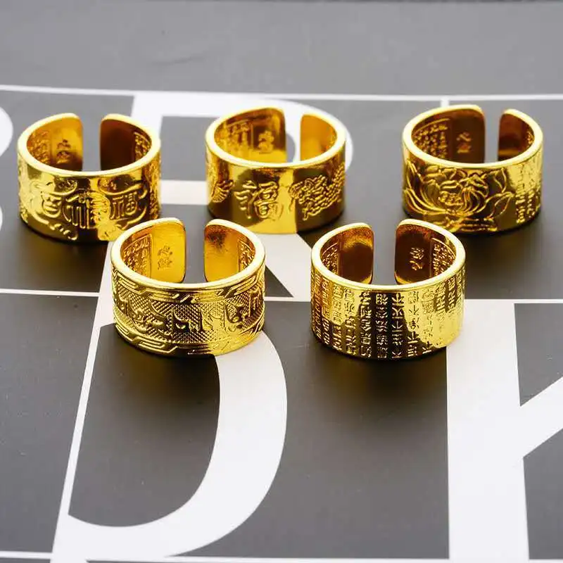 

10mm Men Rings Buddha Letter Lotus Dragon Phoenix Fish Gold Ring for Men 24K Gold Plated Party Anniversary Birthday Jewelry Gift
