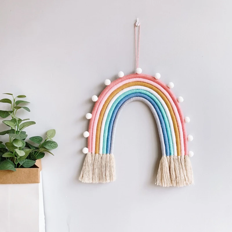 

Children Room Decor Cotton Woven Rainbow Pendant With Felt Balls and Tassel Wall Hanging Decoration