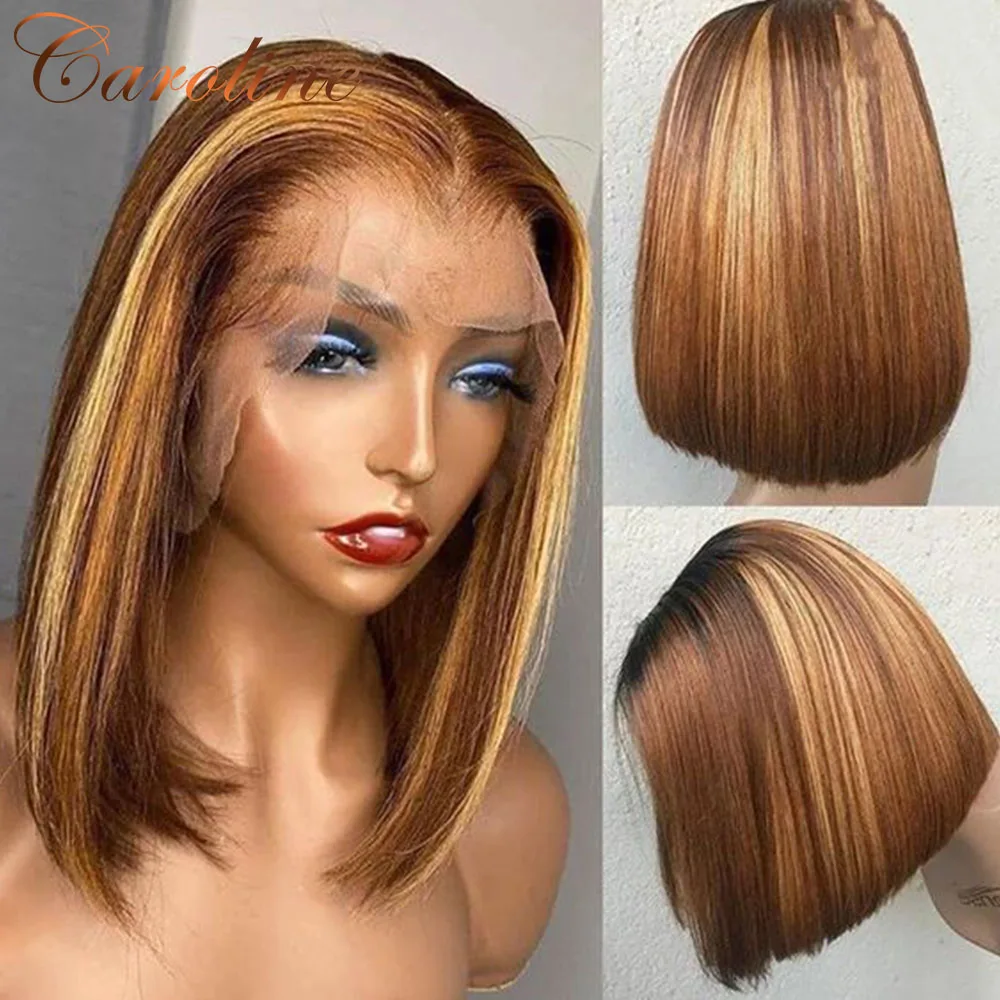 Murah 13X4 Wig Bob Renda Lurus P4/27 Sorot Ombre Wig Renda Bagian T Lurus Brasil Wig Renda Lurus Bob 180% Untuk Wanita Kulit Hitam