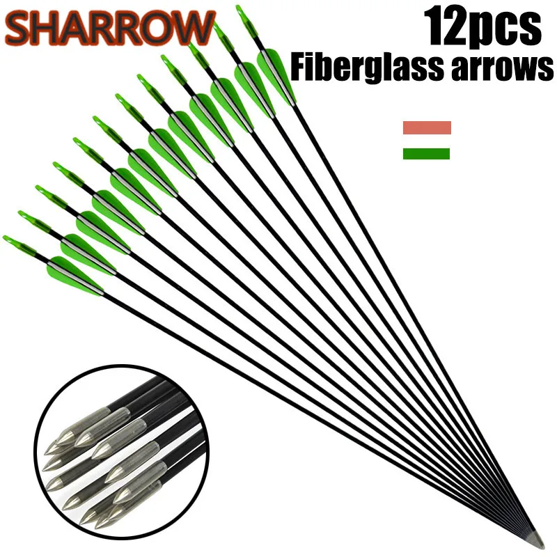

12pcs Archery Fiberglass Arrows 31" Spine 900 Target Arrows Fixed Arrow Tips Recurve Bow Shooting Training Practice Accessories