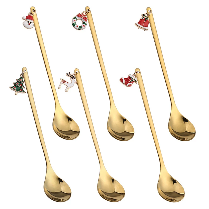 

6pcs Stainless Steel Christmas Spoon Gold Home Dessert Coffee Tea Stirring Spoons Party Decorative Tableware Dinner Cutlery Gift