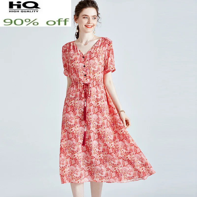 

100% Silk Summer Dress 2022 Beach Midi Dresses for Women Casual Floral Dresses Korean Fashion Vestidos De Verano Gxy18