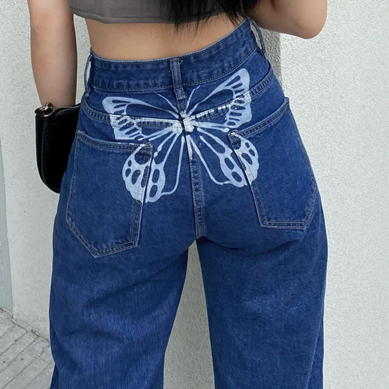 

YICIYA Butterfly Print Casual Jeans Woman High Waist Denim Pants Capris Pocket Streetwear Long Pants Straight Trousers Ladies