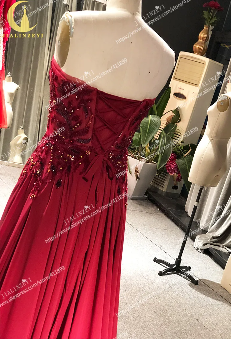 Rhine real Pictures Straplesss Wine Red beaded Crystal Chiffon Formal dresses Fashion dress Evening dresses