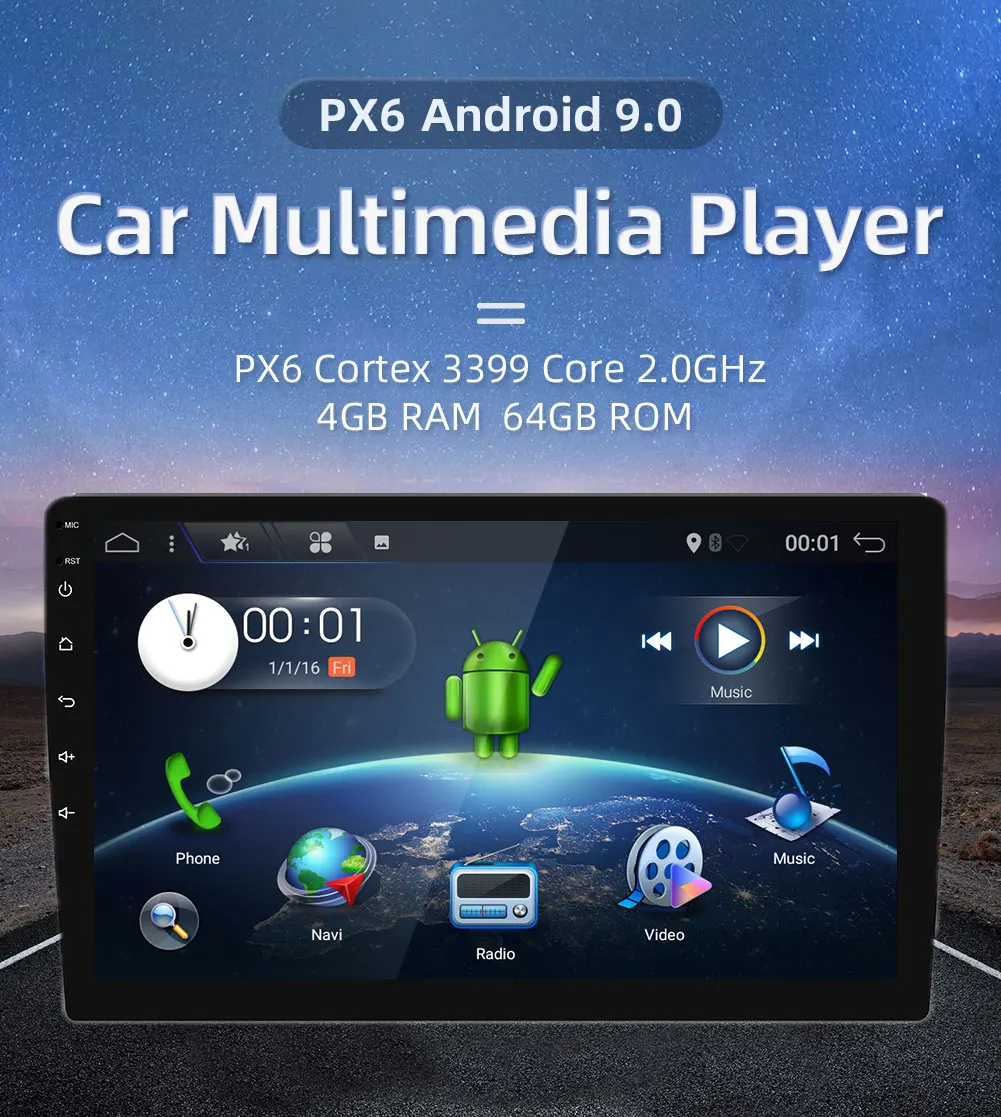 1 Din Octa Core Android 9,0 автомобильный мультимедиаплеер Универсальный gps навигации стерео радио PX6 WI-FI+ Bluetooth+ SWC+ HDMI 4G+ 64G RK3399