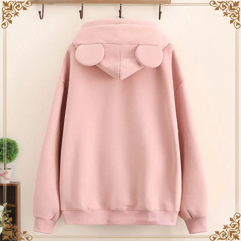 Женская однотонная толстовка с вышитыми буквами свитшот ушками свободный Зимний