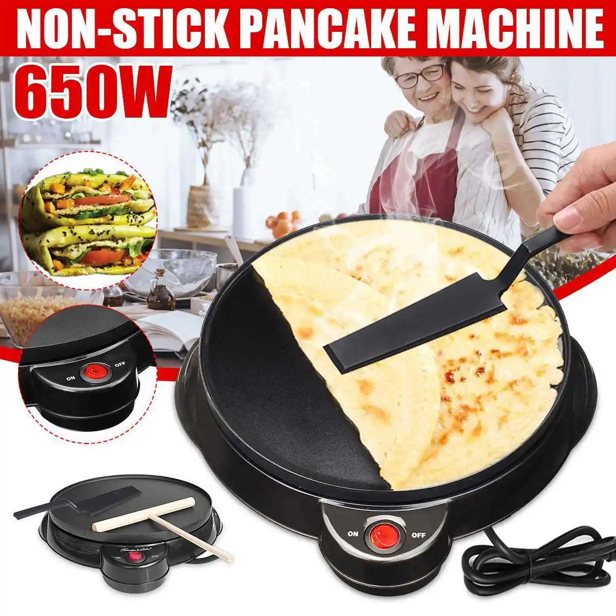

Pancake 220V Maker Crepe Machine Non-Stick Griddle Baking Pan Household Meat Roasting Chinese Spring Roll Pie 650W with Turner