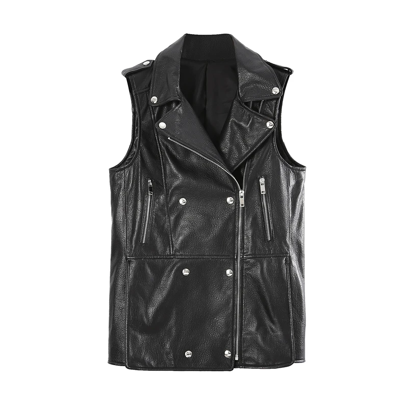 

Autumn Winter Sheepskin Waistcoat Ladies Lapel Zippers Slim Fit Mid-Length Motorcycle Vests Women Real Leather Sleeveless Jacket