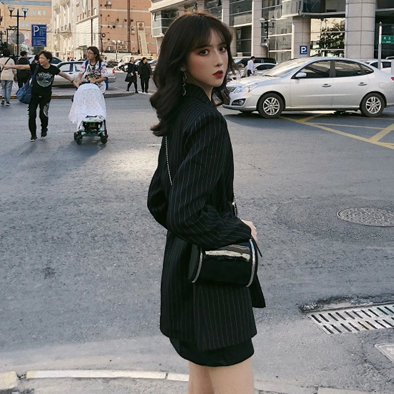 KINOMI Модный Полосатый Женский блейзер с поясом и зубчатым длинным рукавом Черная