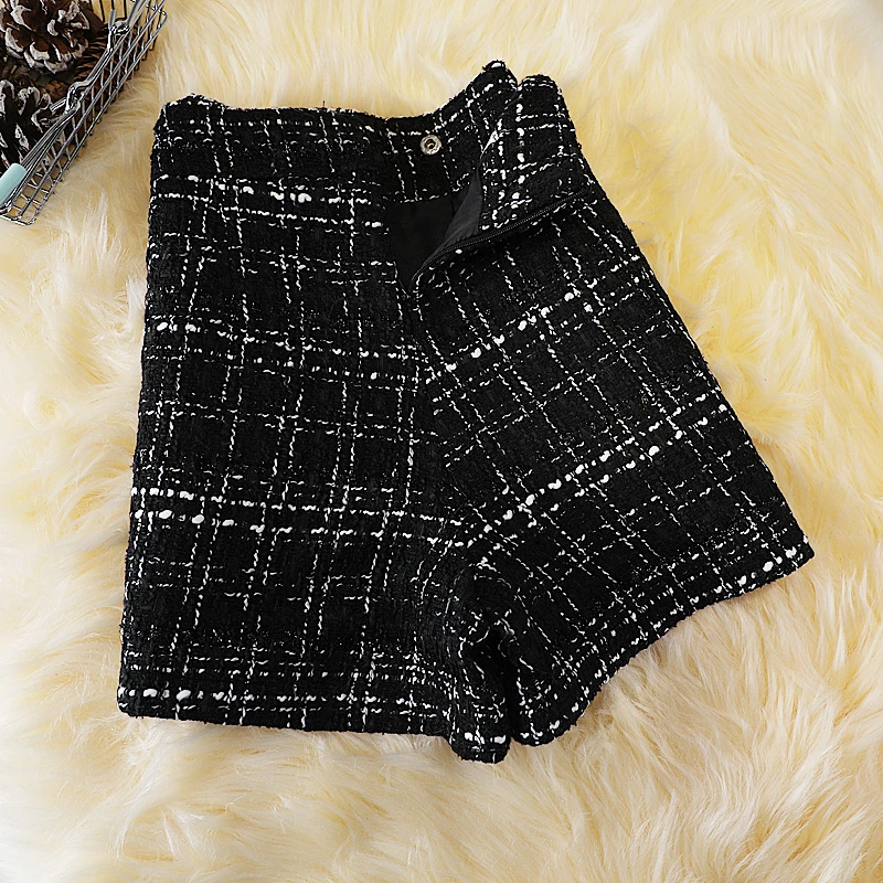 Шерстяные шорты в клетку для осени/зимы новый стиль большие размеры двубортные с