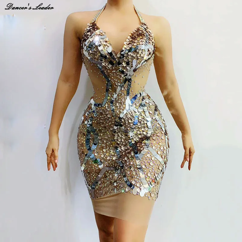 

Блестящий Rhinestone Блестки Оболочек Сексуальное Высокоэластичное Платье Без Рукавов Певица Танцовщица Яркий Боди Цельный Бальные Платья