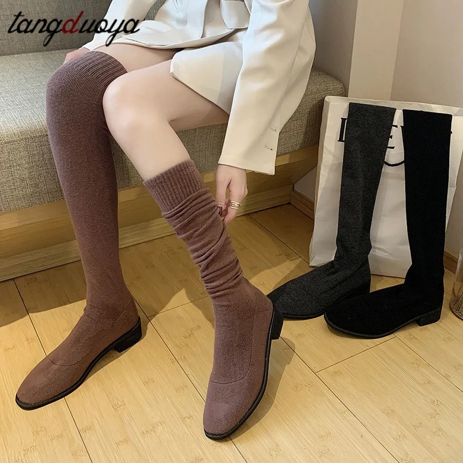 Ботфорты до бедра женские эластичные сапоги повседневные осенние на низком