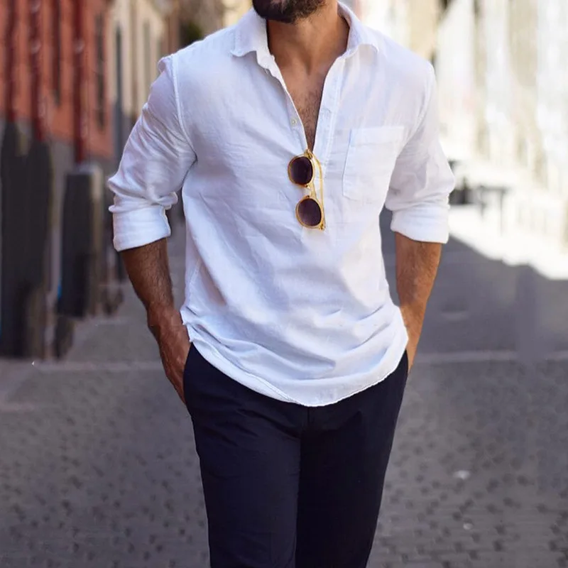 

Long sleeve shirt 2021 fall new men's solid color Pullover lapel pocket Vintage loose top men's