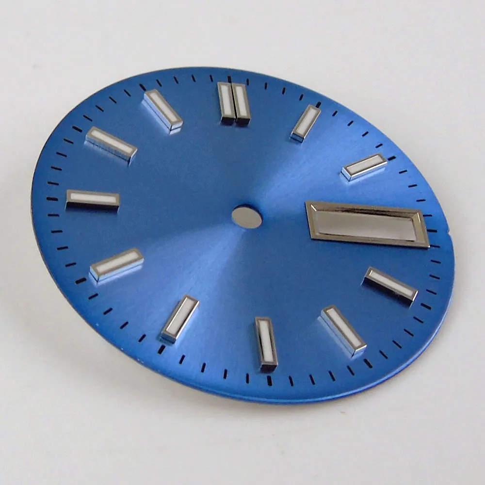 

New 29mm Steel Green Luminous Marks Sunburst Blue Watch Dial Face fit NH35 NH36A Double Date Window