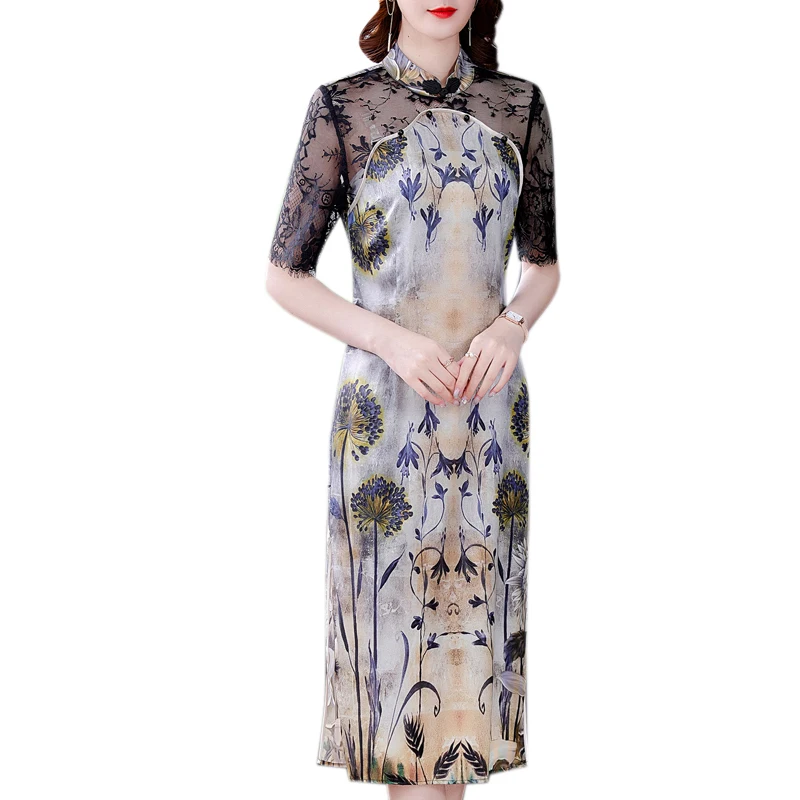 

COIGARSAM Women Dress Summer 2021 New Office Lady Cheongsam Three Quarter Sleeve Print Lace Turtleneck Design And Color Dresses