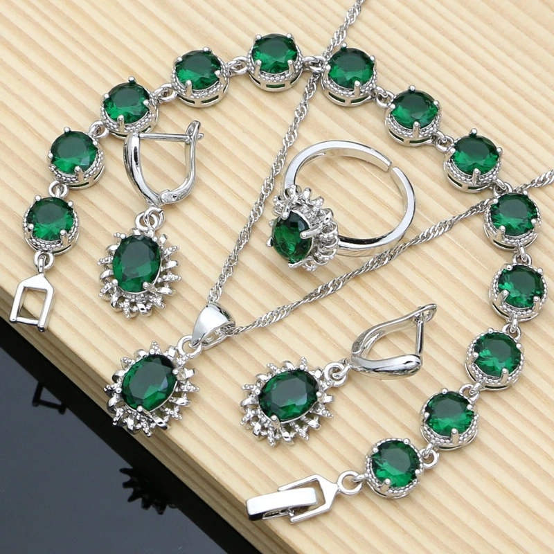 

Women 925 Sterling Silver Earrings Jewelry Sets Gem Emerald Fine Bridal Jewelry Bracelet Necklace Sets 7 Colors Stone