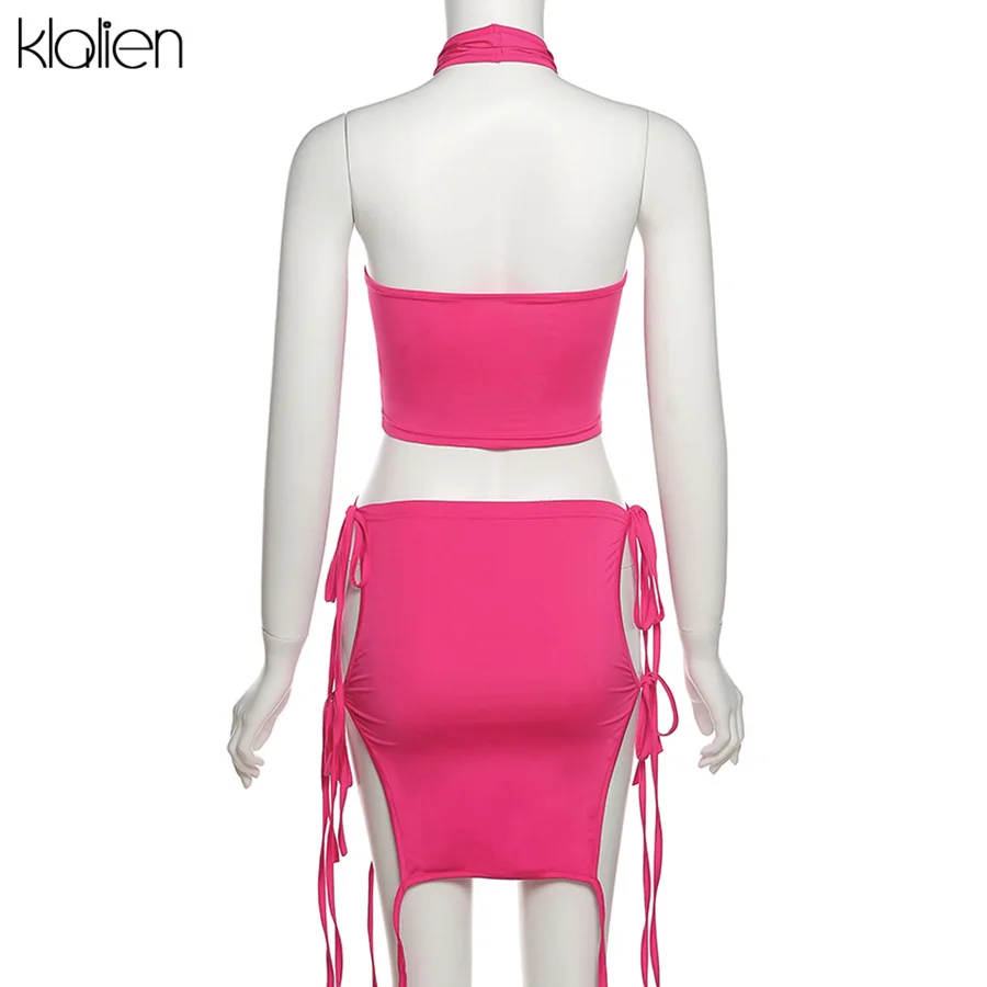 

KLALIEN Fashion Sexy Hollow Out Backless Bandage Camisole and Mini Skirt Two Piece Set Women Summer Street Vacation Skirt Set