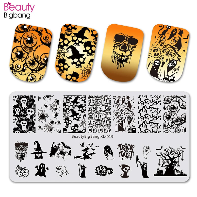 BeautyBigBang штамповка для дизайна ногтей Хэллоуин изображение прямоугольник шаблон для ногтей штамповка пластины трафарет аксессуары для ногтей BBB XL-019