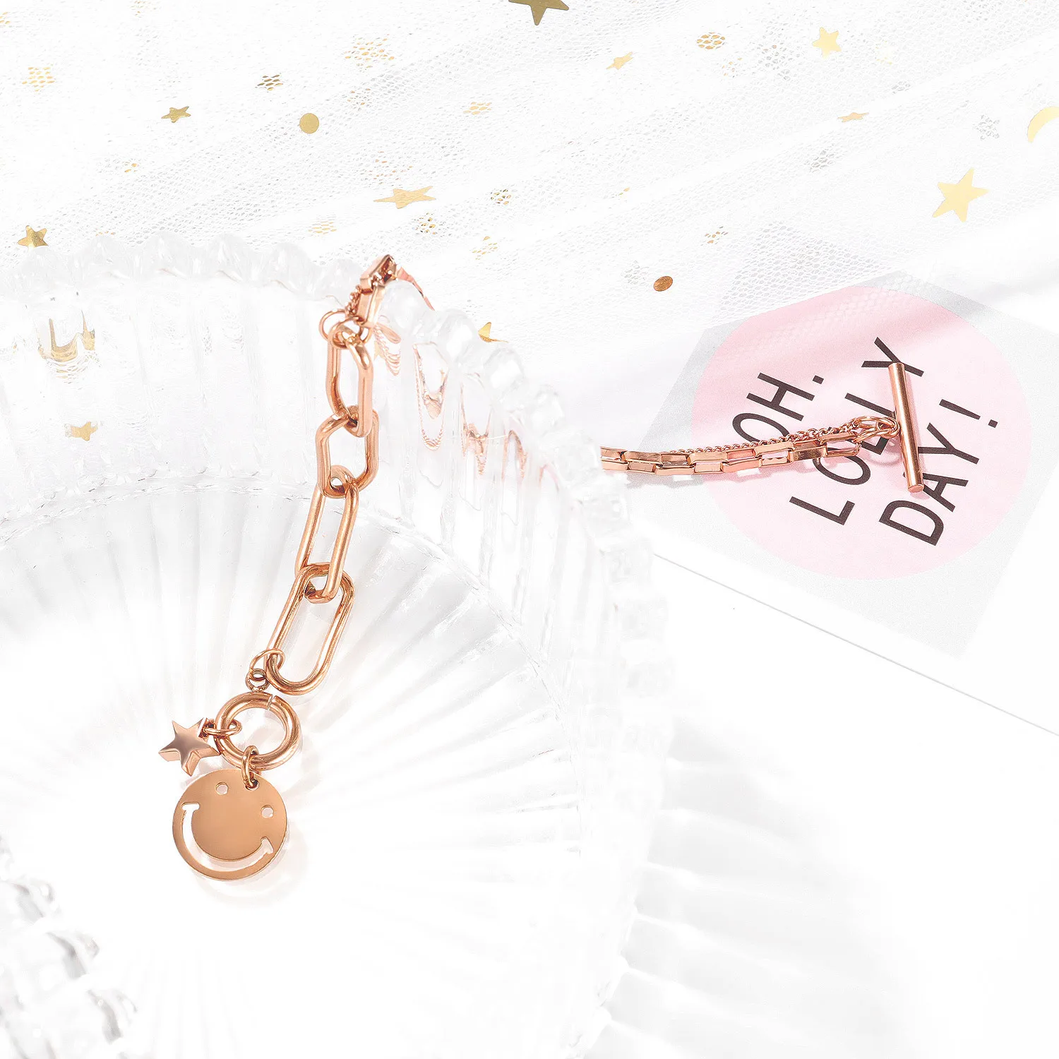 

CL-213 Chain stitching star titanium steel bracelet ins fashion personality student double smile OT buckle bracelet