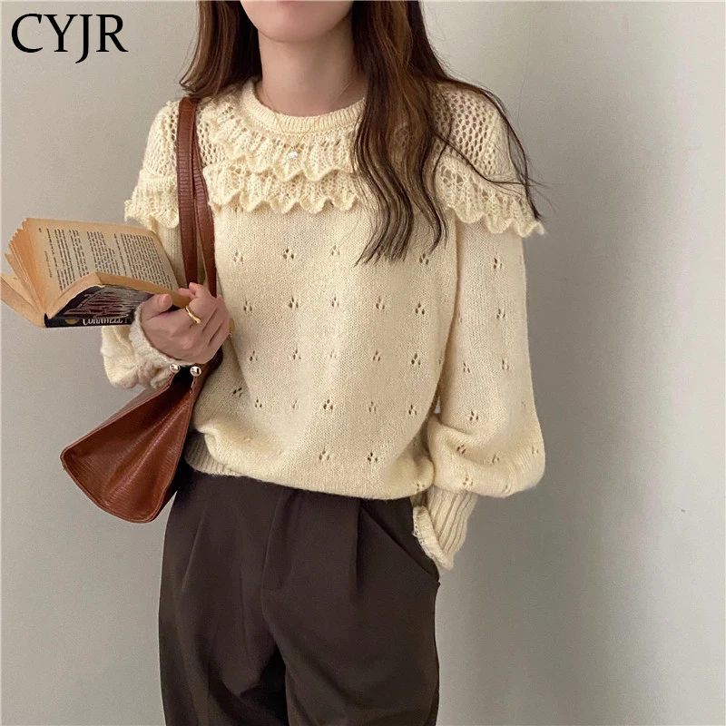 

CYJR Women Sweater Korean New Autumn Winter Solid Knitted Pullovers Retro Lantern Sleeve O Neck Loose Jumper Pull Femme