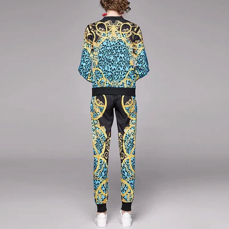 

2021 new women's European and American fashion all-match slim cardigan printed jacket + pants suit