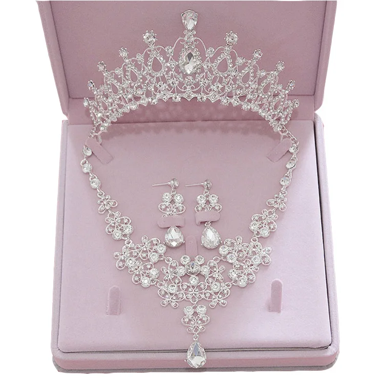 

Classical New Bridal Necklace Tiara Earrings Three Pieces Of Wedding Fashion Jewelry For Women