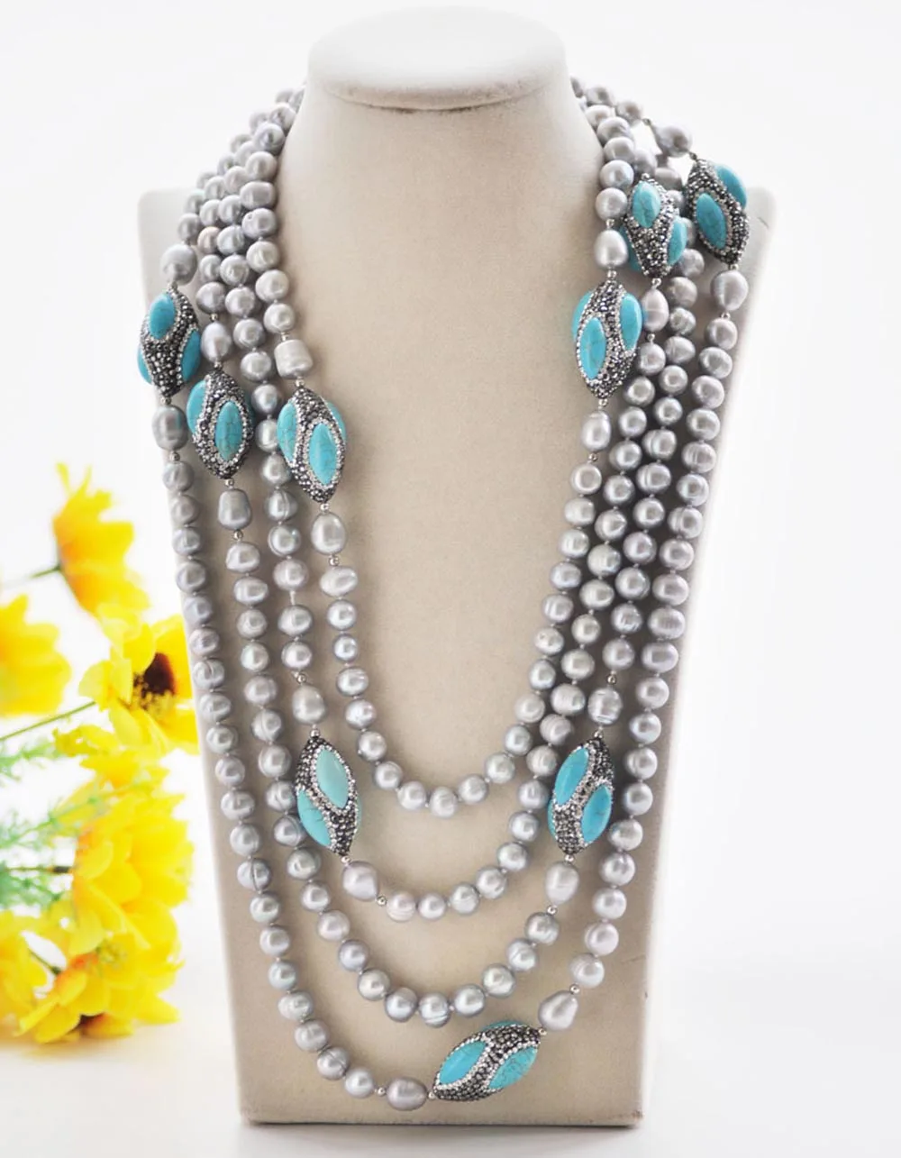 

P7476 18“-100" Gray Round Freshwater Pearl Turquoise Shuttle CZ Necklace Choker Women jewelry