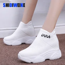 Zapatillas de deporte gruesas de punto para mujer, zapatos de calcetín con cuña, suela gruesa, alta, para primavera, I267