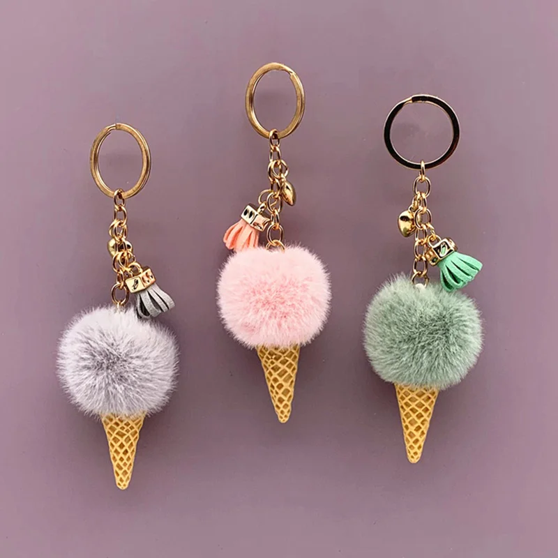 Cute Creative Cartoon Ice Cream Pendant Keychain Giftsoft Artificial Rex Rabbit Hair Ball Women Shoulder Bags Pendant Gift