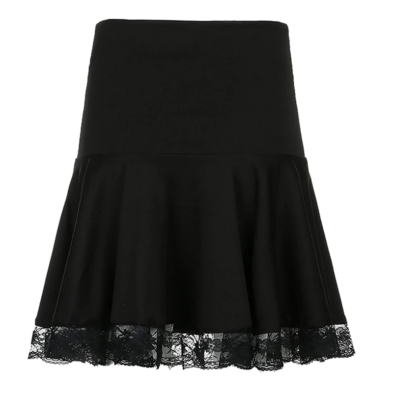 

Puimentiua Black Goth Y2K Pleated Skirt Woman Punk Style Skirt Academia Aesthetic Vintage Mini Skirts Lace Edge High Waist Saias