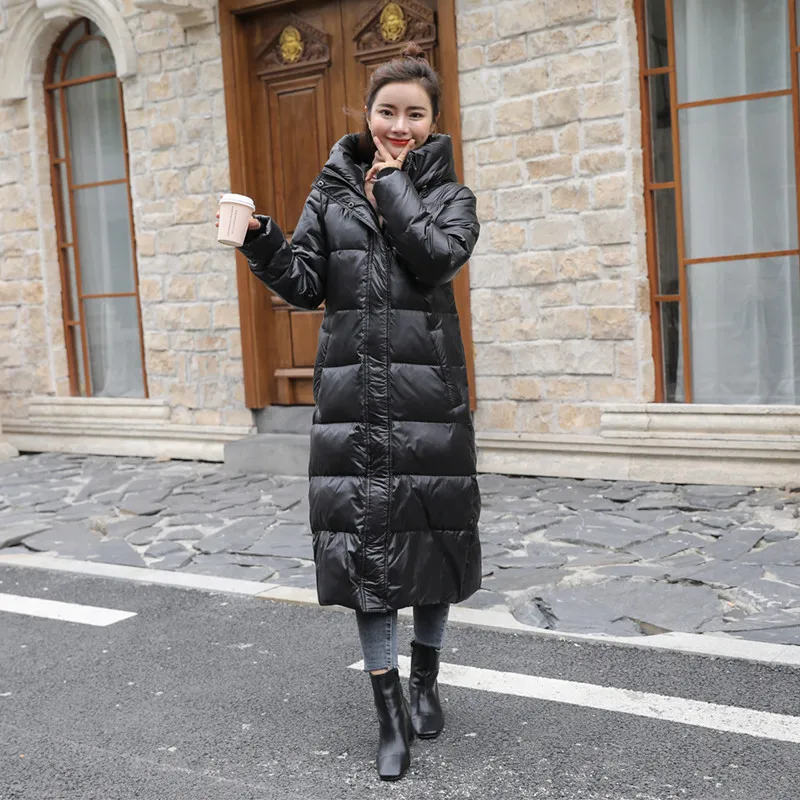 Black Matte Down Cotton Coat Women Long Straight Slim Outer Wear New Fashion Korean Version White Duck Down Warm Jacket JD2176