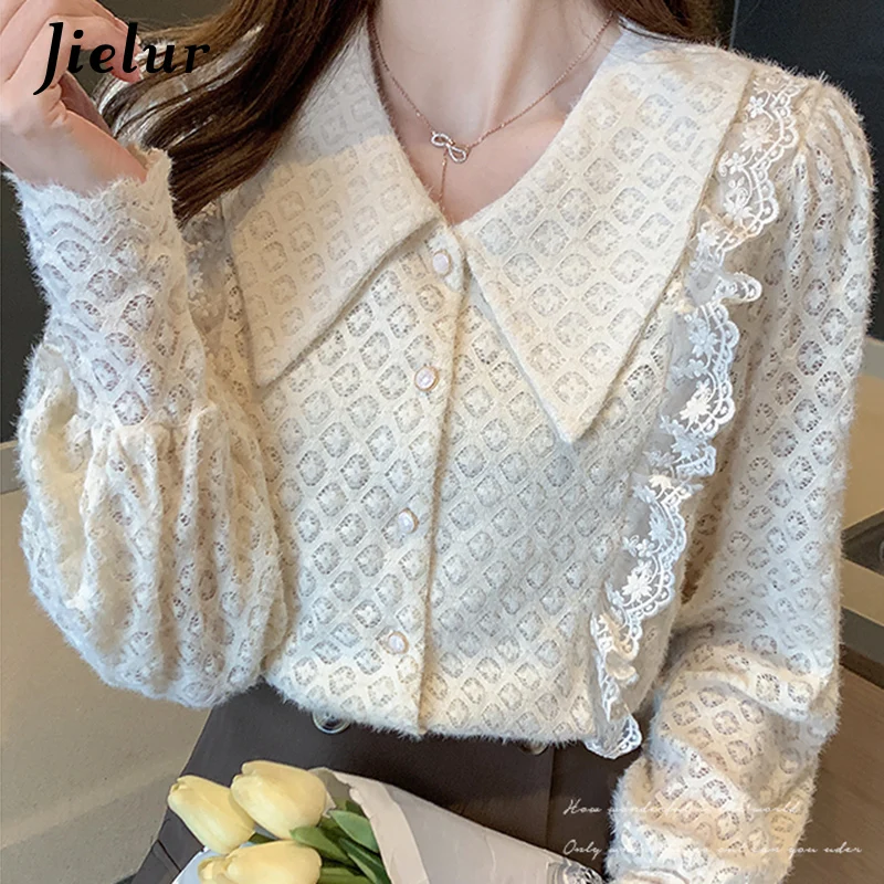Jielur Весна Топы Блузки женские кружевные рубашки 2021 Мода S-XXL в стиле Питер Пэн