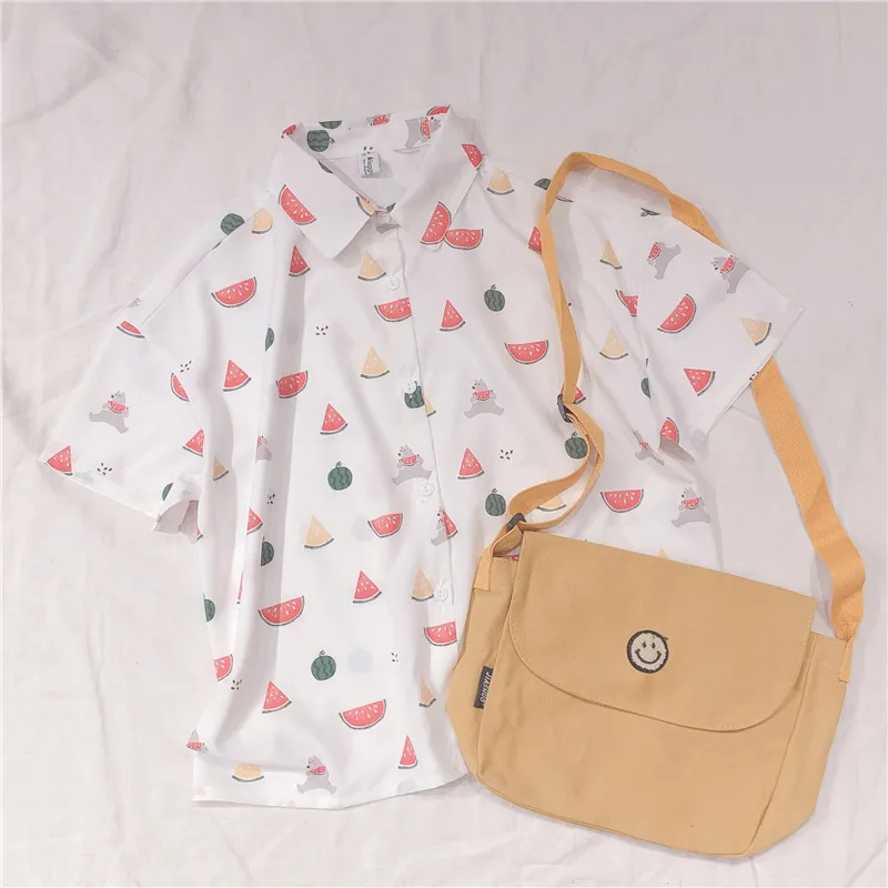 Японская маленькая свежая блузка с принтом арбуза и медведя для девочек