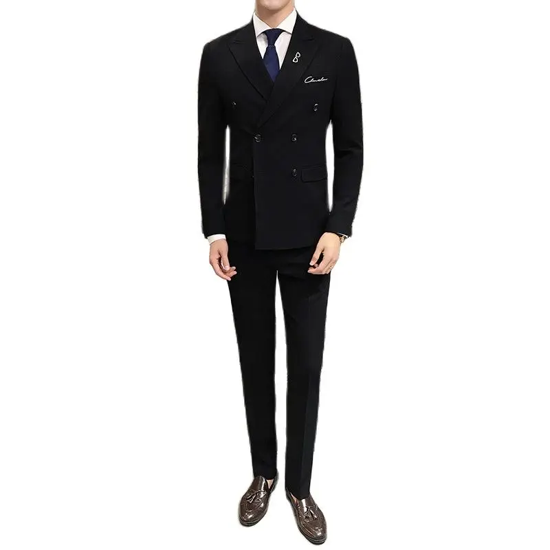 Мужской двубортный комплект из 3 предметов (пиджак + брюки жилет) с вышивкой