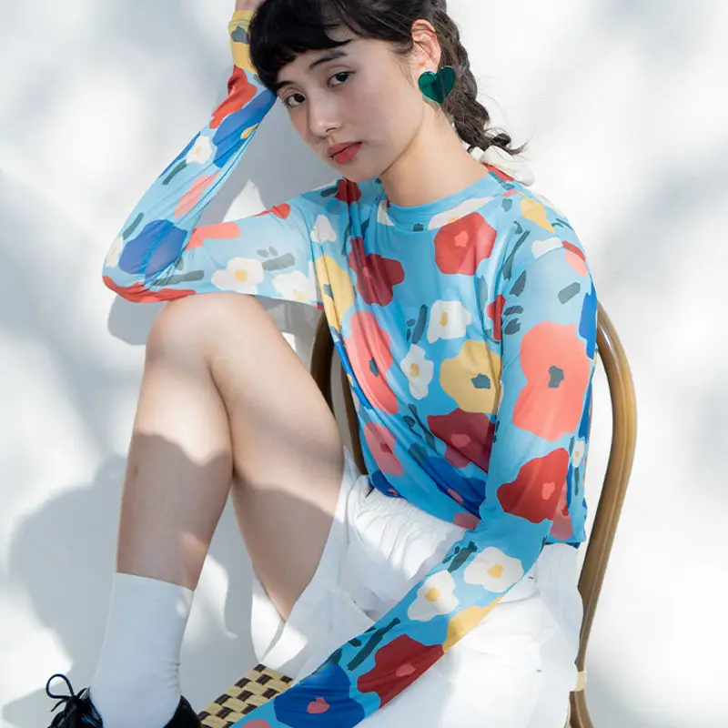 

Korean Harajuku Shirts for Women 2022 Fashion Womens Clothing Long Sleeve O Neck Mesh Tops Flower Printed T Shirts Female