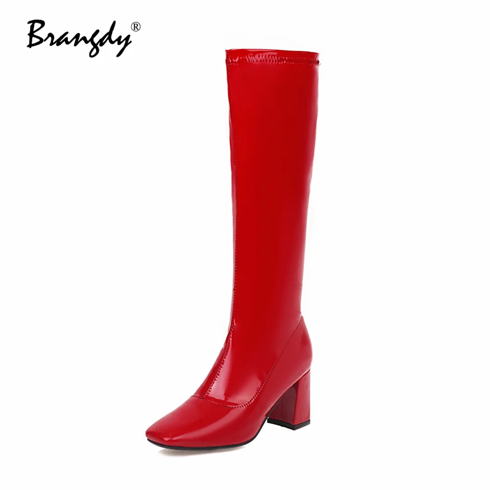 Brangdy 2022 Women Knee Hight Boots PU Leather Fashion Women Shoes Square Toe Zipper Women Winter Knight Boots 6 cm Square Heels