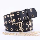 Ремень с двойной пряжкой Женский, роскошный брендовый дизайнерский пояс из искусственной кожи под джинсы в стиле панк, Золотистый металлический, с цепочкой