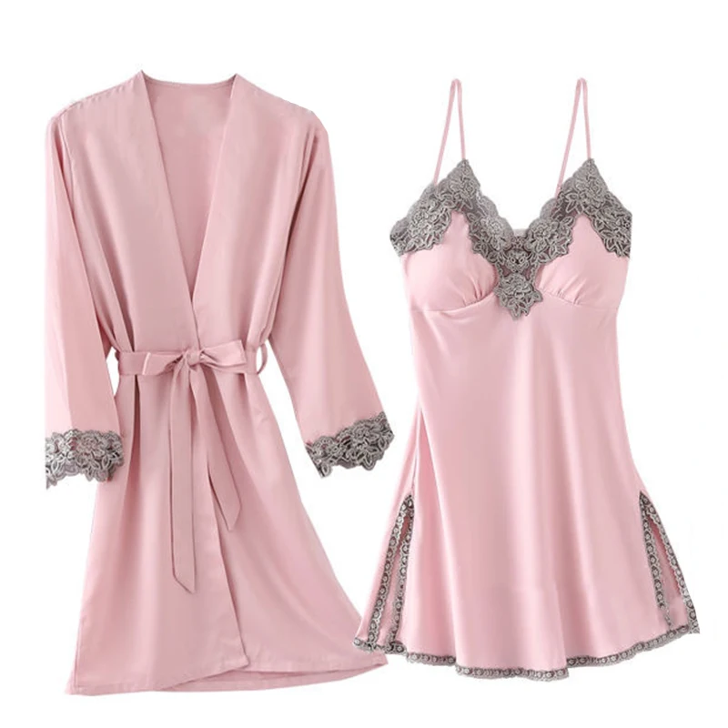 Robe Sleep Suit Womens Lace Satin Pajamas Gown Set V-Neck Sexy Cami Nighties Wear Pijama Home Nightwear Spring Nightdress