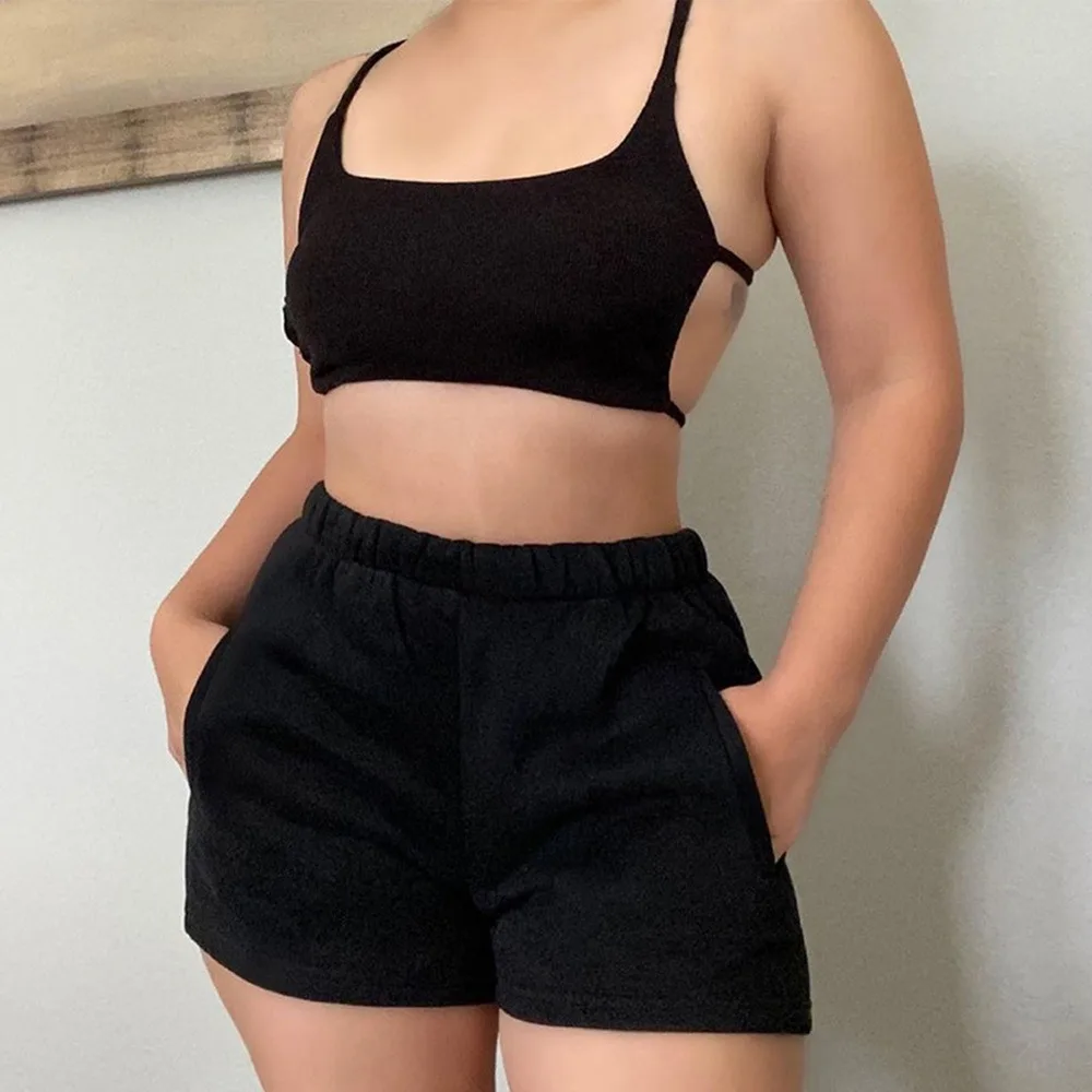 

Backless Navel Sleeveless Top Side Pocket Shorts Matching Set Ladies Sexy Suit New Summer Solid Color Casual Sportswear