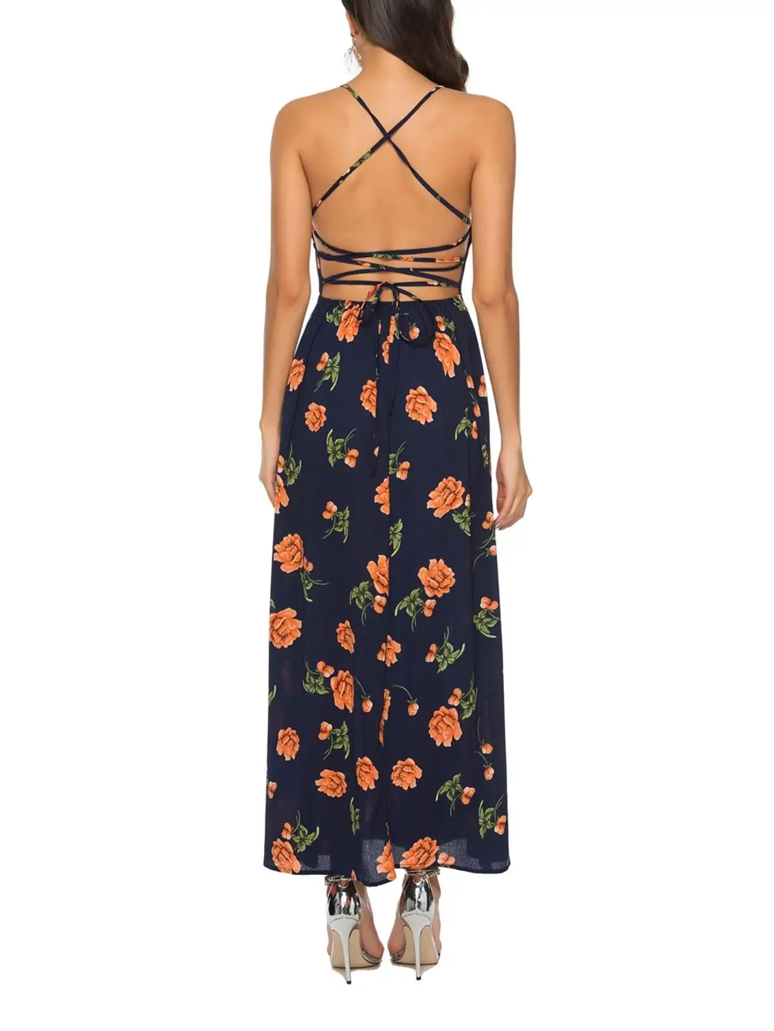 Женское летнее длинное платье с V образным вырезом и открытой спиной|Женские