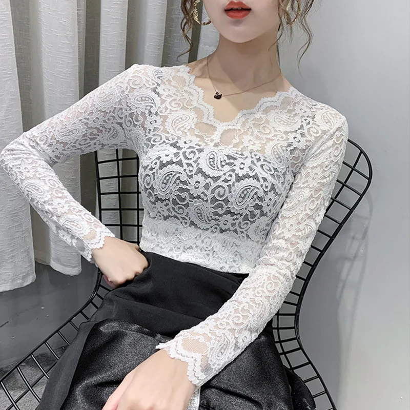 

women lace shirt blouse female sexy tops 2021 new spring silk v-neck hollow out long sleeve slim top