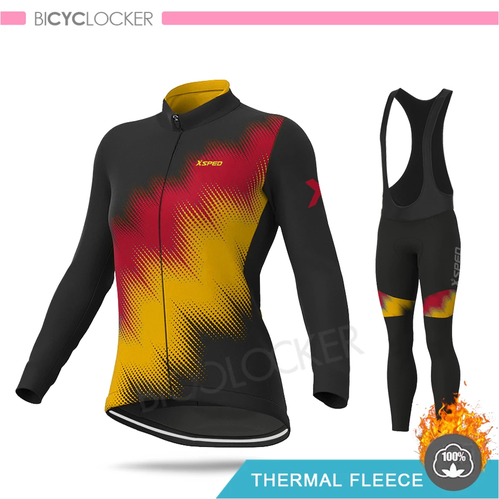 Bib Cycling Set Куртка женская зимняя одежда для велоспорта, комплект из Джерси с длинным рукавом для шоссейного велосипеда, Теплая Флисовая одежда для женщин, костюмы для верховой езды - Color: Bib Cycling Set
