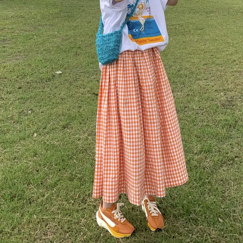 

2020 summer new retro chic check skirt women's net red versatile medium length skirt high waist A-line skirt