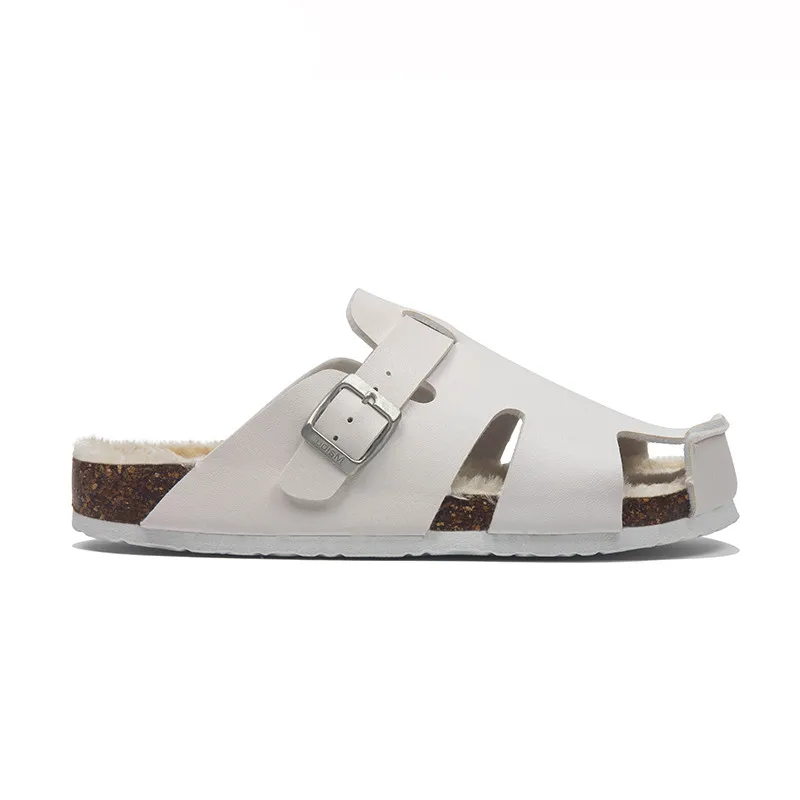 Женские теплые пробковые шлепанцы меховые сандалии с пряжкой закрытым носком