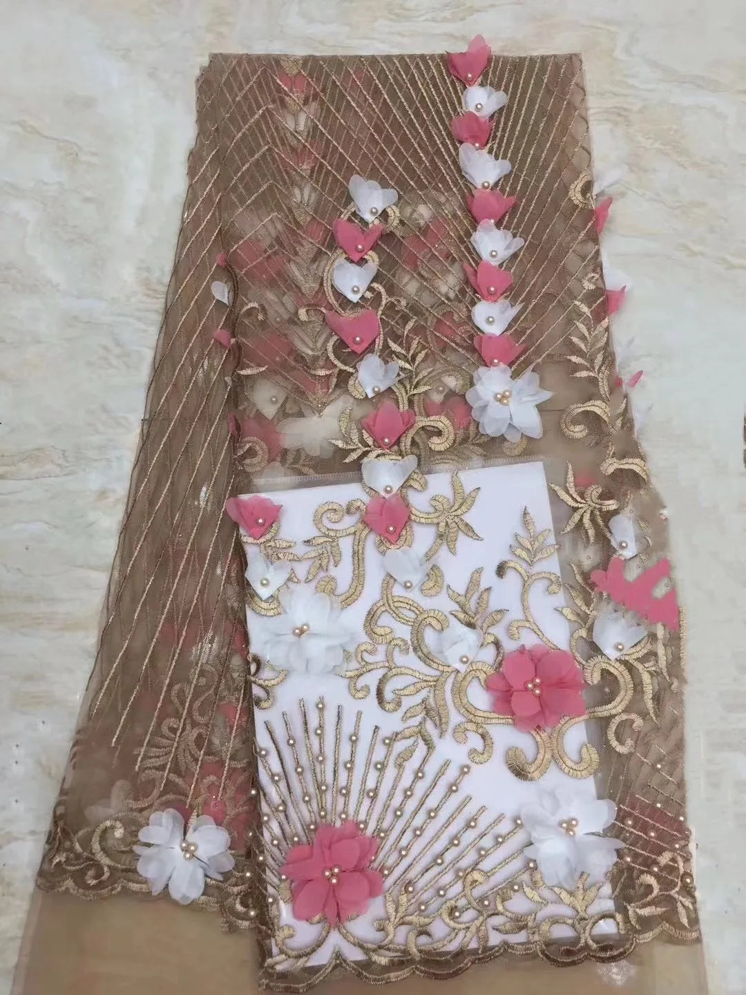 Французская 3D кружевная ткань с большими цветами африканская бисером