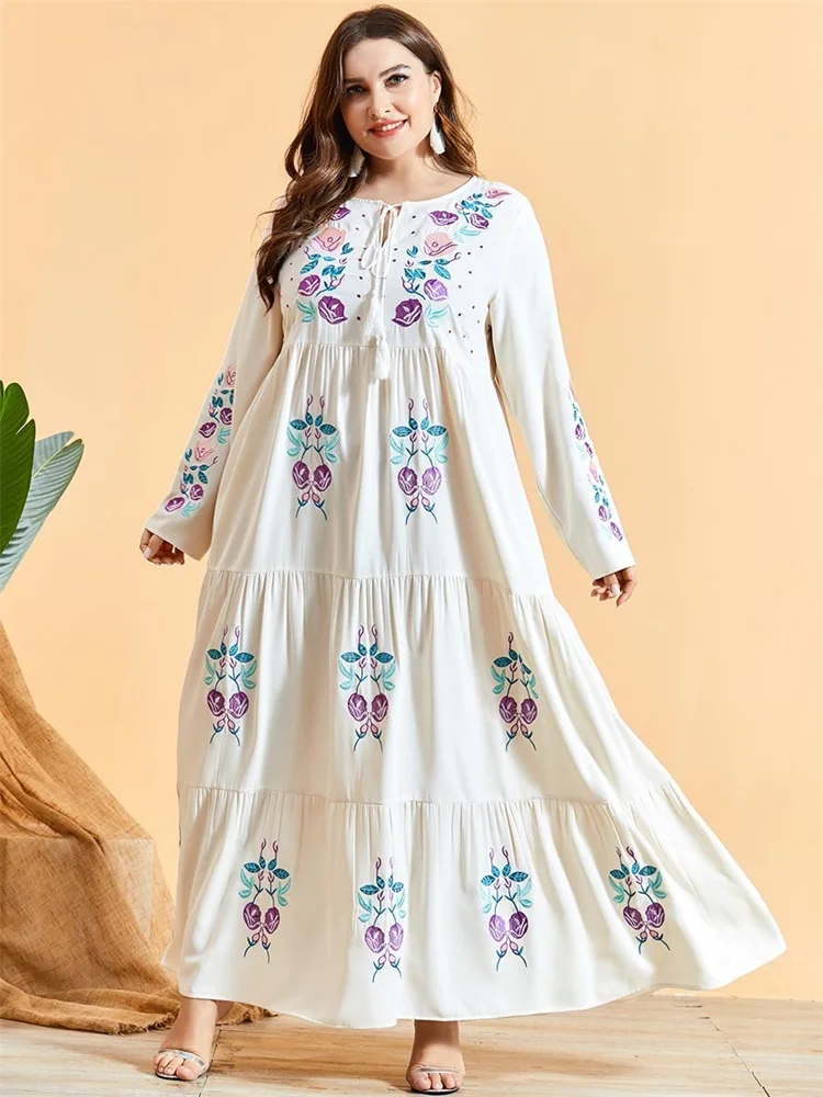 Женское Макси платье Siskakia с длинным рукавом и цветочной вышивкой в национальном