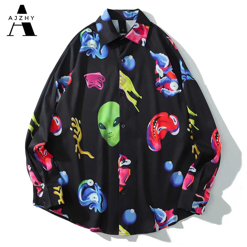 

Мужская рубашка с принтом Harujuku, корейская винтажная свободная гавайская рубашка большого размера, одежда для осени