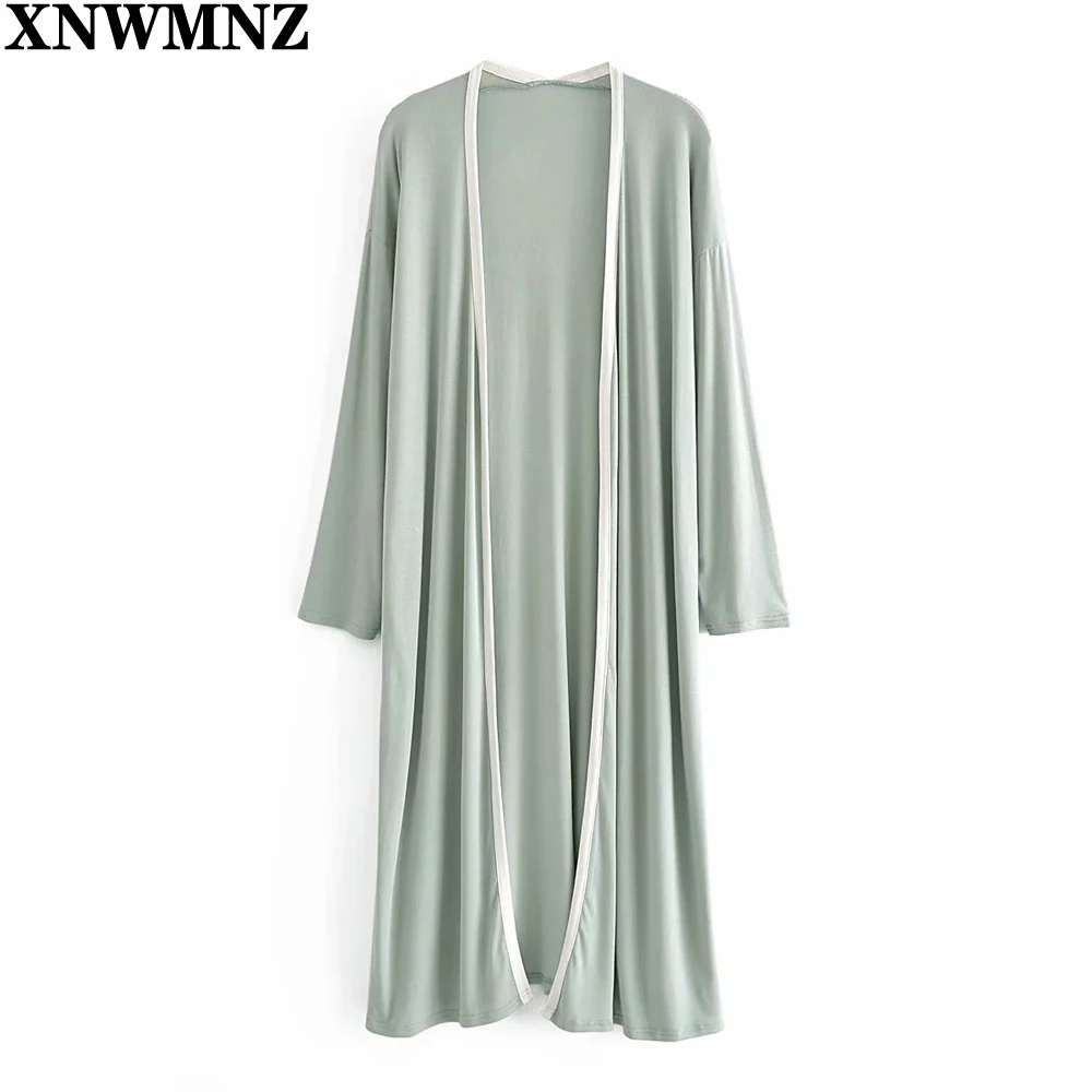 

XNWMNZ 2021 Summer Women Elegant Green Thin Long knit Cardigan Vintage open cardigan with long sleeves Lady Oversized Coat Robe